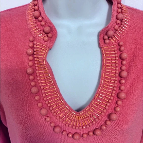Talbots Orange Cotton V Neck Beaded with Beaded Sleeves.  Petite Medium - Picture 2 of 9
